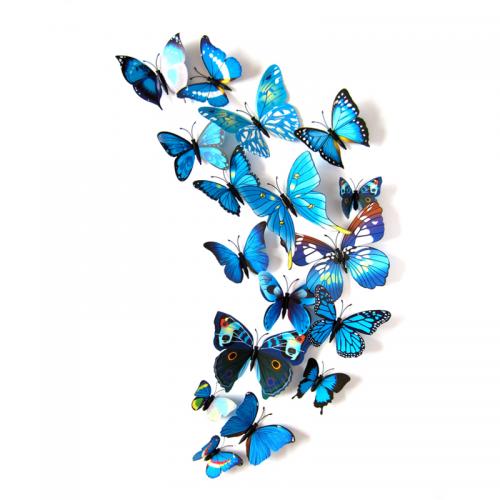 (12 шт) Комплект бабочек 3D  на магните ,  СИНИЕ цветные